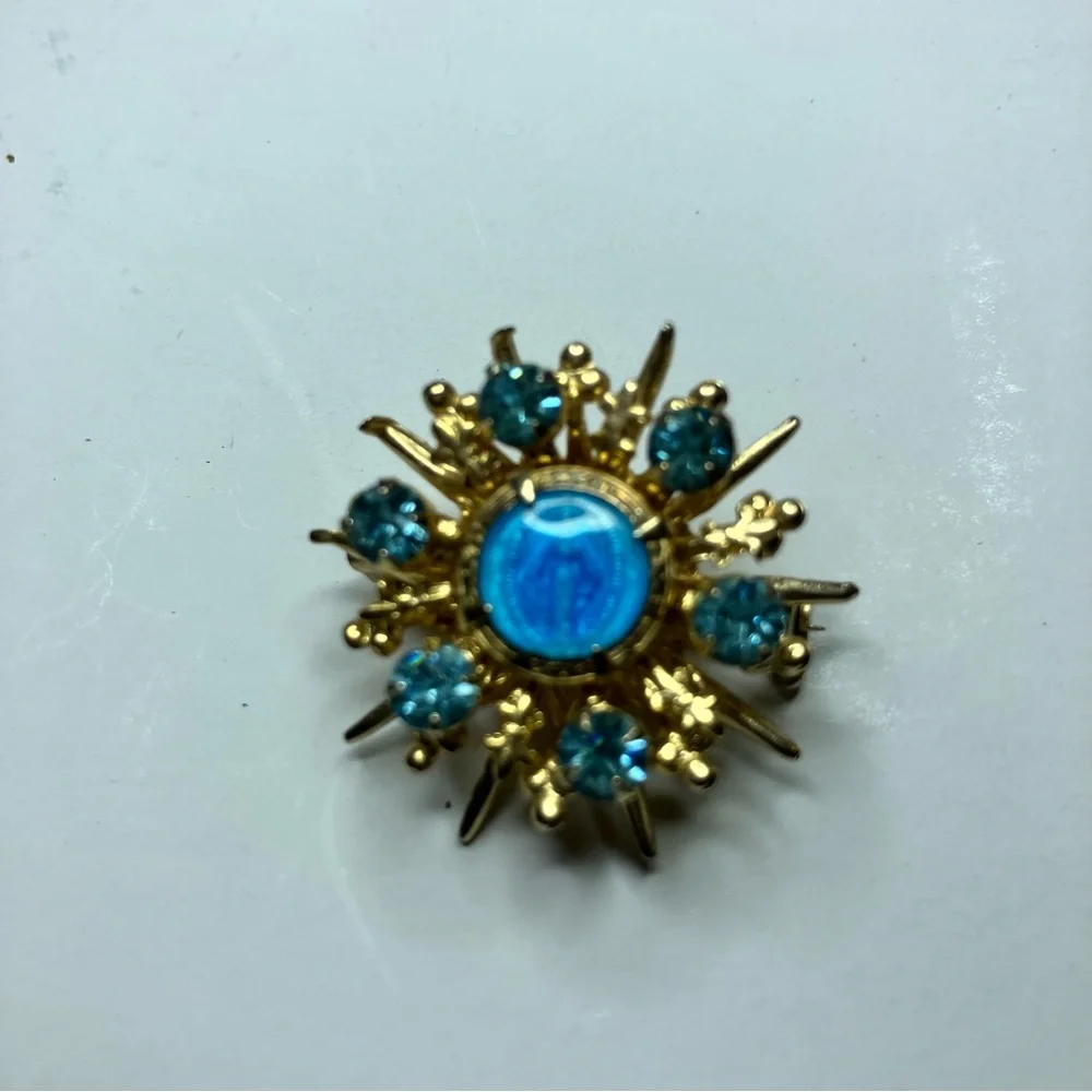Vintage Virgin Mary Brooch Miraculous Mary Blue Rhinestones